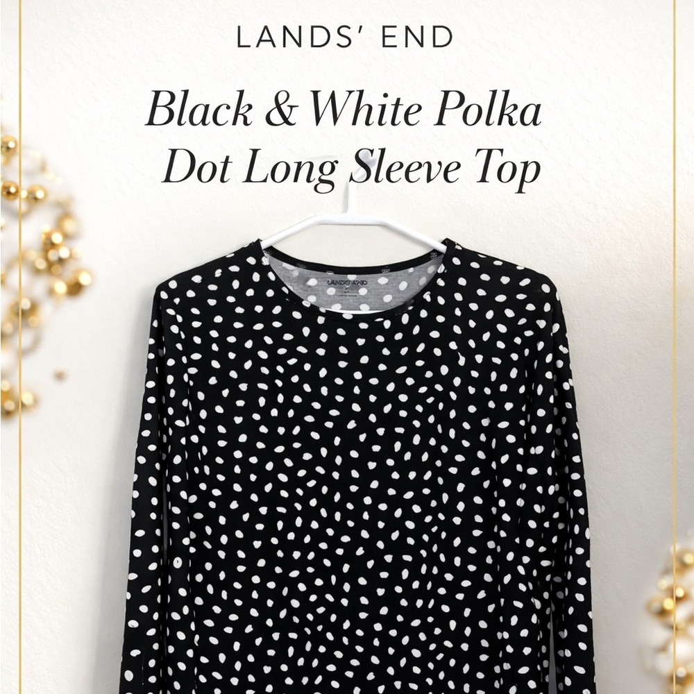 Lands' End Black & White Polka Dot Long-Sleeve Top